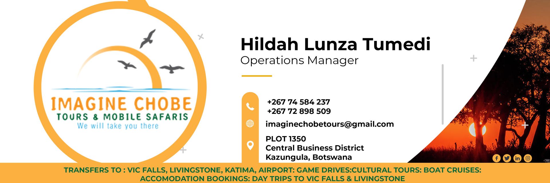 Imagine Chobe Business Card Imagine chobe business card showing contact information, location, and activities
